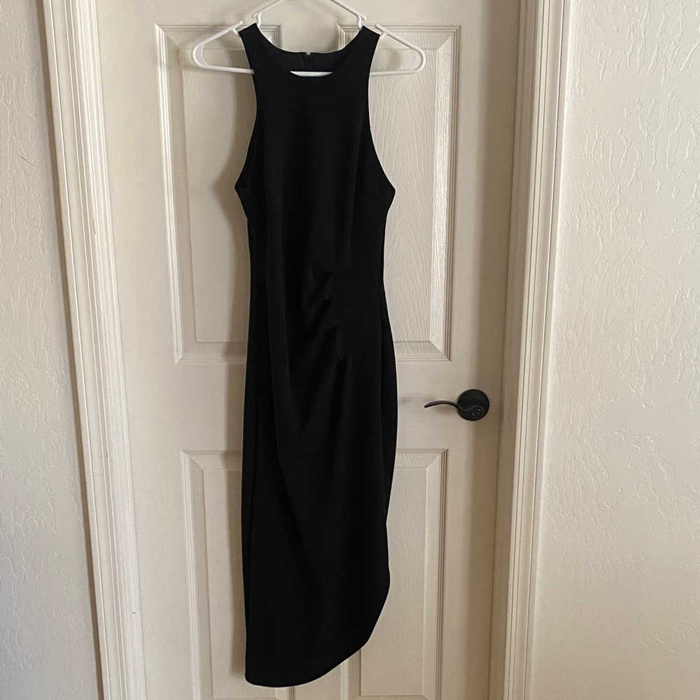 Premier Amour Black Midi Evening Dress Size 2 Sleeveless Ruched Classic